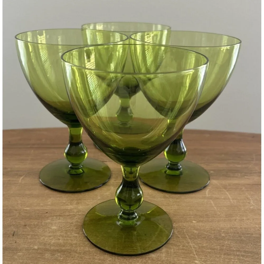 Vintage Morgantown Regina Water Goblets Set  Of 4 Moss Green Glass
